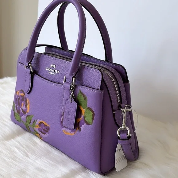 NWT Coach Mini Darcie Carryall With Rose Print/Pebble Leather/ Purple - Picture 2 of 13